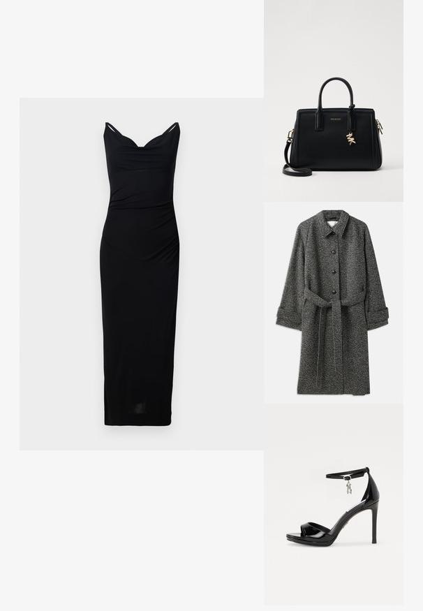 CLOSED BELTED COAT - Klassikaline mantel - grey heather melange; Must Black, sobiva lõikega kleit V-kaelusega ja õhukeste õlavarre rihmadega. Valmistatud siledast kangast, sellel on külgmised rynkide detailid ja põlve pikkune serv.; Must musta nahk sandaalid kõrge kontsaga, avatud varvaga, pahkluu rihma ja hõbedase kaunistusega. Omab sujuvat, modernset disaini.; Musta nahast käekott struktureeritud disainiga, kahekordsete ülemiste käepidemetega, eemaldatav õlavööt, kuldne riistvara ja logotäht aktsent.