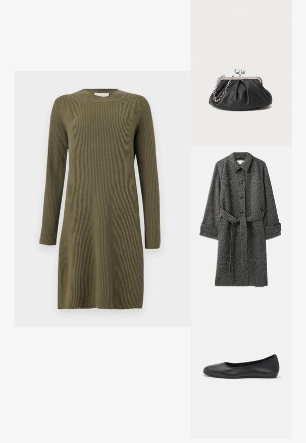 CLOSED BELTED COAT - Klassikaline mantel - grey heather melange; CLOSED CREW NECK DRESS LONG SLEEVE - Kampsunkleit - forest green; Musthave mustika tantsutossud mustast nahast, ümmarguse varbaga, siledast tekstuurist, minimaalse õmblusdetailiga ja paindliku tallakujundusega.; Musthave musta nahast käekott, millel on volditud tekstuur, hõbedane metallraam, lukustatud sulgemismehhanism ja kett. Sile ja pehme pind.