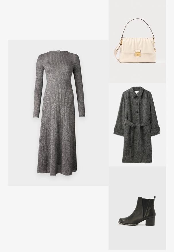 CLOSED BELTED COAT - Klasický kabát - grey heather melange; Dlhé rukávy, rebrované šaty v striebornosivej farbe s priliehavým korzetom a áčkovou sukňou, s okrúhlym výstrihom a jemným leskom.; Castañer NEANDRA 113 - Klasické členkové čižmy - black; Krémová kožená kabelka so zvrašteným vrchom, zlatým kovaním a odnímateľným remienkom. Má zapínanie na prepážku a kontrastnú hnedú rukoväť.