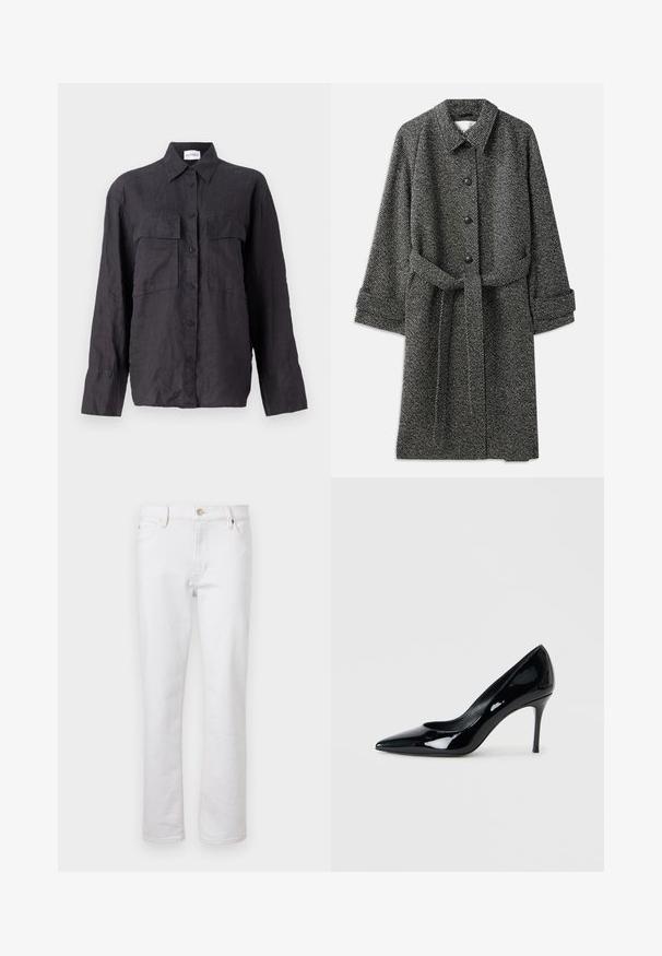 CLOSED BELTED COAT - Mantel - grey heather melange; Zwarte linnen shirt met een knoopsluiting aan de voorkant, twee borstzakken, lange mouwen en een klassieke kraag. Gestructureerde stof met een ontspannen pasvorm.; Witte spijkerbroek met een rechte pijp, vijf-pocketontwerp, lichte stiksels en zilveren knoopsluiting. Gladde textuur en minimale details.; Zwarte lakschoenen met een puntige neus en een slanke stilettohak. Soepele textuur met een glanzende afwerking en een minimalistisch ontwerp.