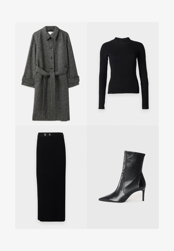CLOSED BELTED COAT - Mantel - grey heather melange; Zwarte lange mouwen top met een strakke pasvorm, textuurstof en een hoge halslijn. Voorzien van een verborgen rits aan de achterkant voor sluiting.; AERON FORUM - Kokerrok - black; Zwarte enkelboots van soepel leer, met een spitse neus, een aangesloten schacht en een slanke hoge hak. Minimalistisch ontwerp zonder zichtbare hardware.