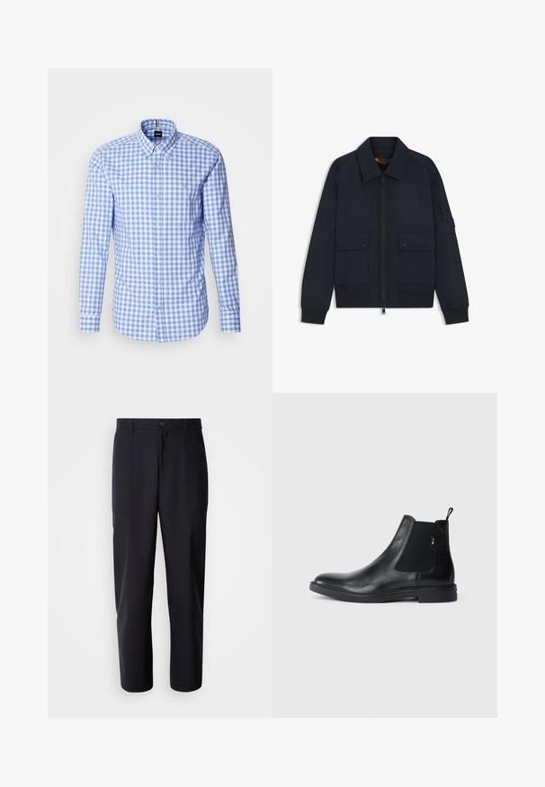 Chaqueta bomber azul marino con cremallera frontal, dos bolsillos con botones a presión, puños y dobladillo acanalados, y un bolsillo con cremallera en la manga izquierda.; Camisa de patrón de cuadros azul y blanco con mangas largas, cuello abotonado y bordado del logo en el pecho. Material de algodón suave.; Pantalones oscuros de navy, confeccionados en un tejido suave, con un diseño de pierna recta, dos bolsillos laterales y un cierre de botón en la cintura.; Botines Chelsea de cuero negro con paneles elásticos laterales, una pestaña para tirar y una suela de goma plana. Textura suave con un detalle mínimo.
