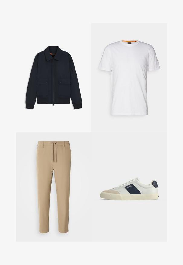Veste bomber bleu marine avec fermeture éclair à l'avant, deux poches à boutons-pression, poignets et ourlet côtelés, et une poche zippée sur la manche gauche.; T-shirt en coton blanc avec un col rond, des manches courtes et un logo en relief subtil sur la poitrine. L'étiquette intérieure a une touche d'orange.; Pantalons beiges fuselés avec une taille élastique et un cordon de serrage. Tissu lisse avec un design épuré et sans motifs ni accessoires visibles.; Baskets basses blanches avec bout beige, bande latérale bleu marine marquée BOSS, lacets blancs et semelle en caoutchouc sur fond neutre.