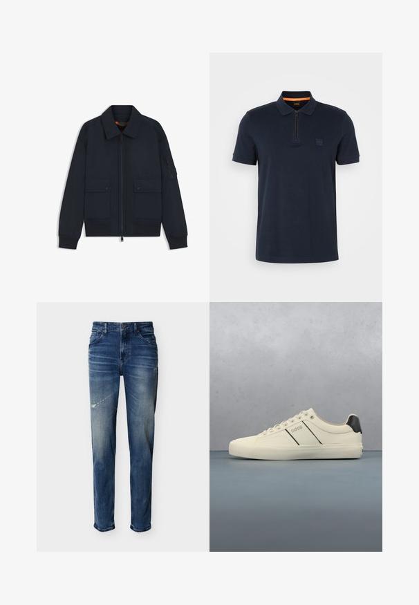 Veste bomber bleu marine avec fermeture éclair à l'avant, deux poches à boutons-pression, poignets et ourlet côtelés, et une poche zippée sur la manche gauche.; Polo shirt marine avec un col zippé, doté d'une petite écusson sur la poitrine et de manches courtes. Matière en mélange de coton avec une texture lisse.; Jean en denim bleu avec légère décoloration et zones usées, style cinq poches, coupe droite, fermeture par bouton et fermeture éclair.; Baskets de couleur crème avec une texture lisse, dotées d'accents et de marquage noirs. Design classique à lacets avec un bout rond et une semelle en caoutchouc.