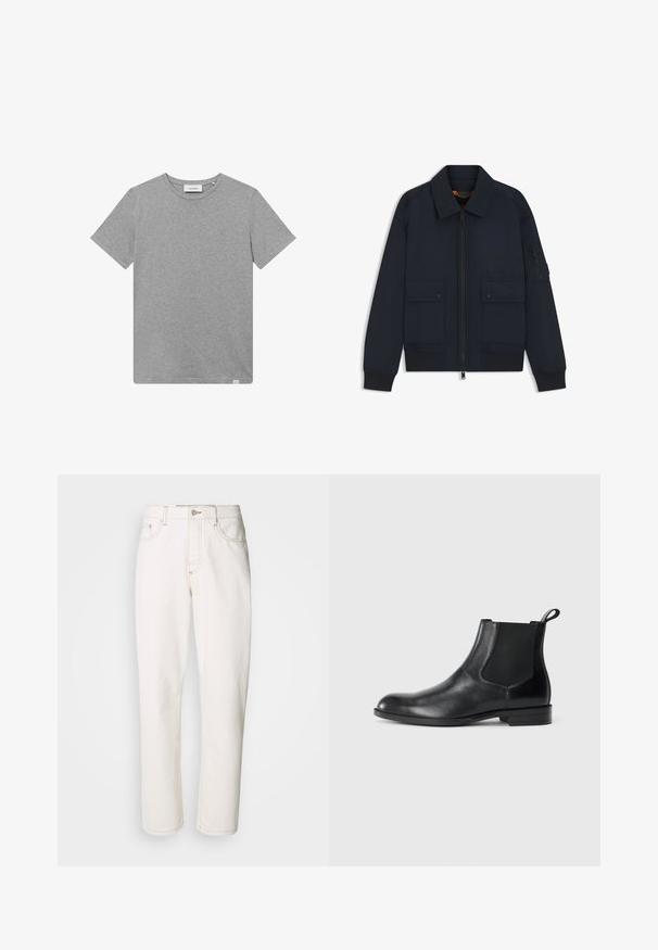 Chaqueta bomber azul marino con cremallera frontal, dos bolsillos con botones a presión, puños y dobladillo acanalados, y un bolsillo con cremallera en la manga izquierda.; Camiseta gris de manga corta hecha de una mezcla de algodón. Presenta un cuello redondo y un pequeño detalle de logo en el lado izquierdo del frente.; Vaqueros de mezclilla blanca con un diseño de pierna recta, que presentan costuras cosidas, un cierre de botón metálico y una construcción estándar de cinco bolsillos.; Botín negro de cuero hasta el tobillo con paneles elásticos a los lados, punta redondeada y lengüeta. Textura suave, suela plana, diseño minimalista.