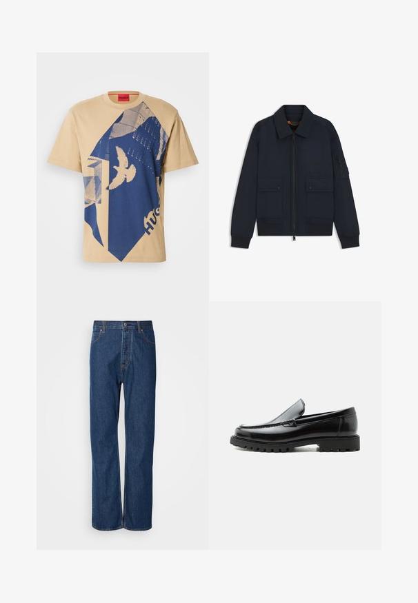 Chaqueta bomber azul marino con cremallera frontal, dos bolsillos con botones a presión, puños y dobladillo acanalados, y un bolsillo con cremallera en la manga izquierda.; Camiseta de algodón beige con un patrón geométrico azul y un diseño de ave. Etiqueta roja con "HUGO" en el cuello. Mangas cortas, cuello redondo.; Jeans de denim azul con un diseño de pierna recta, que cuentan con una bragueta de botones, cinco bolsillos y costuras de contraste a lo largo de las costuras.; Mocasín de cuero negro con suela de goma gruesa, empeine cosido y nombre de la marca en relieve en el talón, mostrado en perfil lateral sobre fondo blanco.