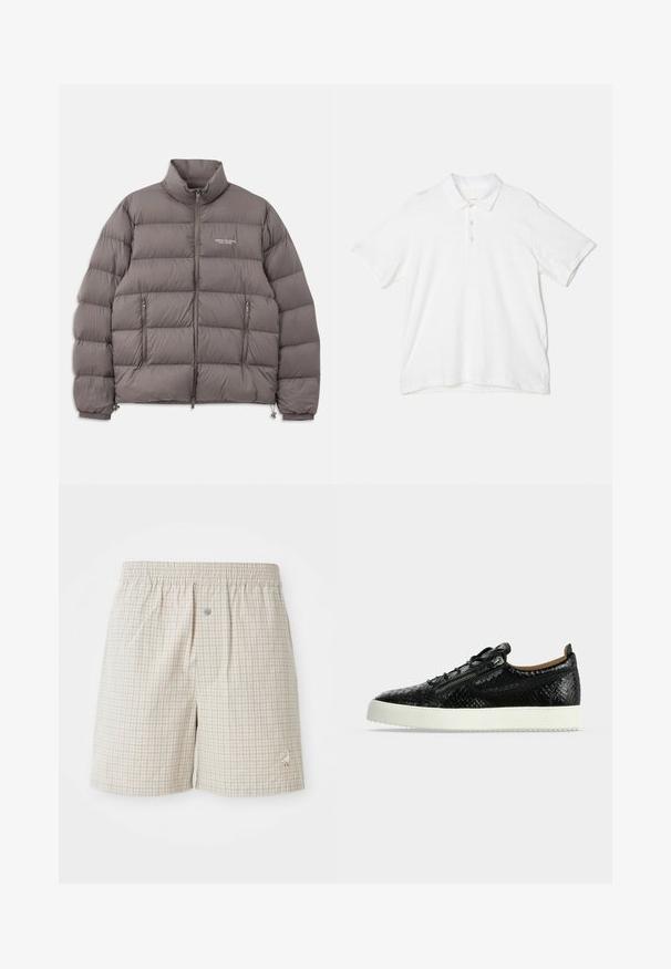 Graue gepolsterte Jacke mit hohem Kragen, frontalem Reißverschluss und zwei seitlichen Reißverschlusstaschen. Glatte Textur mit gesteppter Musterung und Logo-Details.; rag & bone CLASSIC FLAME - Poloshirt - white; Hellbeige kariertes Shorts mit einer weichen Textur, elastischem Bund und einer dekorativen weißen Gänse-Stickerei nahe dem Saum.; Niedriger schwarzer Sneaker mit strukturiertem Muster, seitlichem Reißverschluss, schwarzen Schnürsenkeln und dicker weißer Gummisohle vor grauem Hintergrund.