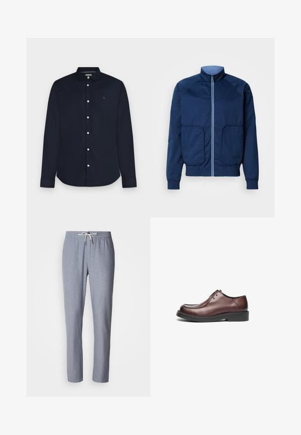 Veste légère bleu marine avec un col montant, fermeture éclair, deux poches avant et des poignets et un ourlet élastiques. Texture lisse, design décontracté.; Chemise homme bleu marine à manches longues avec col et boutons blancs, présentée sur fond gris clair.; Pantalon en tissu gris léger avec une taille élastique, une fermeture à cordon et des jambes fuselées. Texture lisse, sans motifs visibles.; Chaussure habillée en cuir marron avec un bout rond, des coutures visibles et une semelle en caoutchouc noir bas; design à lacets. Texture lisse sur toute la surface.