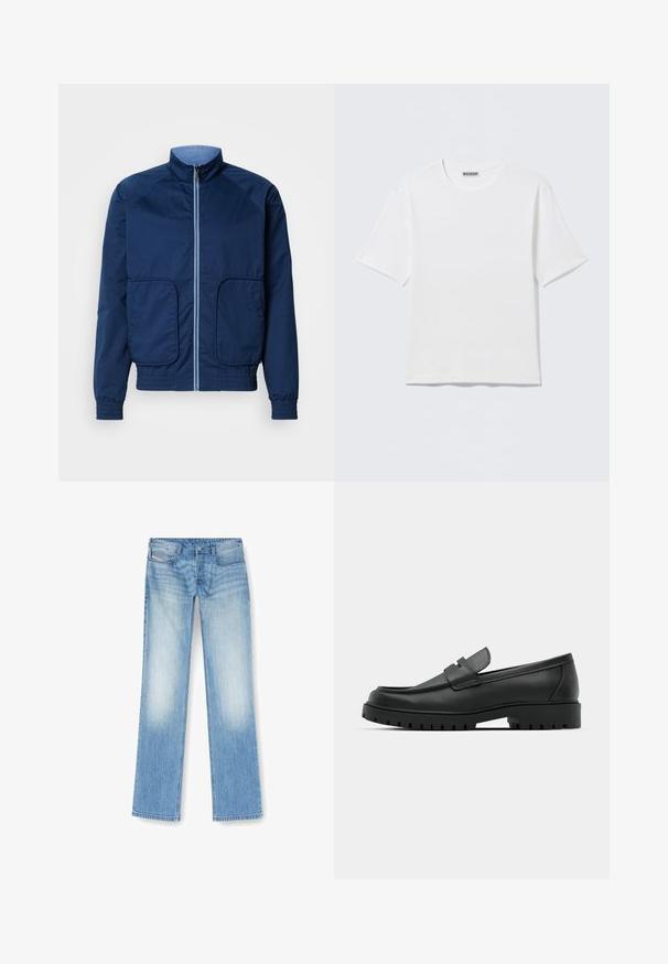 Marineblauwe lichtgewicht jas met een hoge kraag, ritssluiting, twee voorzakken en elastische manchetten en zoom. Gladde textuur, casual ontwerp.; Effen witte T-shirt met korte mouwen en ronde hals, met een klein "WEEKDAY" label aan de binnenkant van de achterkraag, weergegeven op een vlakke ondergrond.; Lichtblauwe rechte jeans gemaakt van denim, met een vervaagde afwerking, vijf-pocket ontwerp en zichtbare stiksels langs de naden.; Zwarte leren instappers met een ronde neus, voorzien van een gestikt ontwerp, een lage platformzool en een gestructureerde, grof rubberen buitenzool.