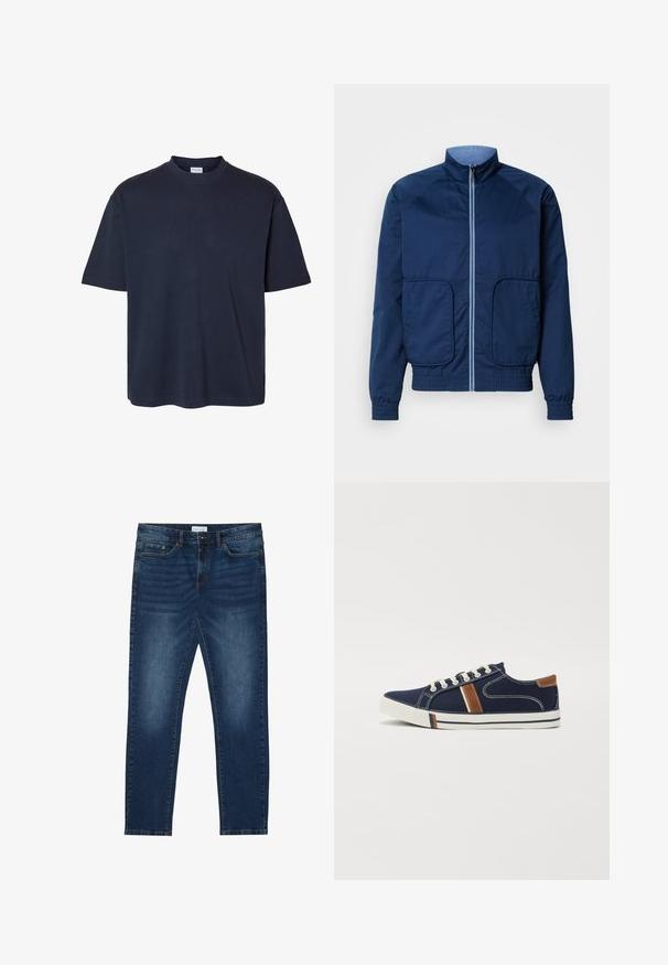 Marineblå letvægtsjakke med højt krave, lynlås lukning, to forlommer samt elastiske manchetter og kant. Glat tekstur, afslappet design.; Plain mørk marineblå t-shirt med korte ærmer, rund hals og almindelig pasform, vist på en hvid baggrund.; Mørkeblå slim-fit jeans med falmede detaljer, klassisk fem-lomme design, knappelukning og bæltestropper.; Marineblå lærredssneakers med hvid snørelukning, brune accenter og sidestipede detaljer. Har en gummisål og kontrasterende syninger.