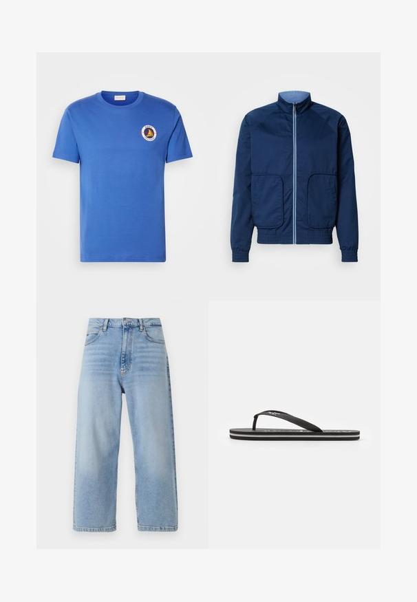 Chaqueta ligera de color azul marino con un alto cuello, cierre de cremallera, dos bolsillos frontales y puños y dobladillo elásticos. Textura suave, diseño casual.; Camiseta de algodón azul con mangas cortas, que presenta un logo redondo en blanco, amarillo y negro en la parte izquierda del pecho. Cuello redondo, corte regular.; Jeans de mezclilla de tiro alto en azul claro con pernera ancha, diseño clásico de cinco bolsillos y detalles de costura visibles a lo largo de las costuras.; Chancla negra con una correa texturizada y una suela plana, que presenta rayas blancas en el borde, diseñada para uso casual.