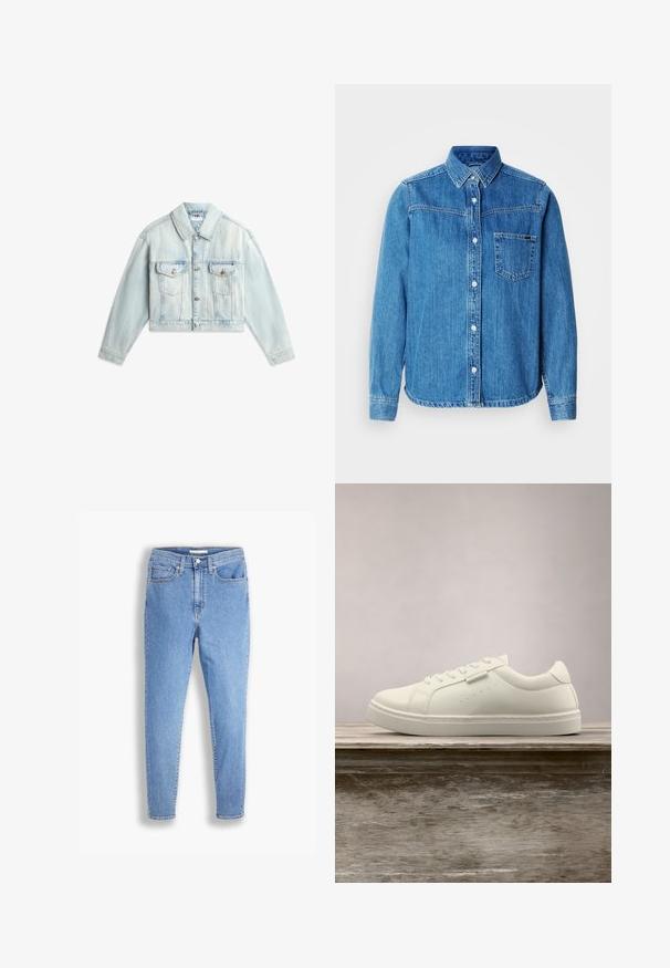Lichtblauw cropped spijkerjack met knopen aan de voorkant, twee borstzakken met klep en lange mouwen uitgespreid op een witte achtergrond.; Blauw denim overhemd met knopen, een kraag, een voorzak en witte knopen. Heeft een licht gebogen zoom en lange mouwen.; Lichtblauwe hoge taille slim-fit jeans met voor- en achterzakken, knoopsluiting en riemlussen op een witte achtergrond.; Witte leren sneaker met veters die boven een houten bank zweeft, met groen lang gras dat op de achtergrond vervaagd is in de buitenlucht.