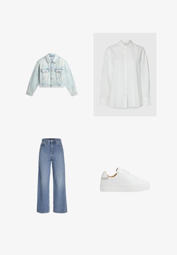 Hellblaue, kurz geschnittene Jeansjacke mit Knöpfen vorne, zwei Brusttaschen mit Klappen und langen Ärmeln, ausgebreitet auf weißem Hintergrund.; Weißes langärmliges Hemd mit Knopfleiste, spitzem Kragen und vorderen Knöpfen, vor neutralem Hintergrund präsentiert.; Hellblaue Jeans mit hoher Taille, weitem Bein, vorderer Knopf- und Reißverschluss und Fünf-Taschen-Design.; Weißer Low-Top-Sneaker mit dicker Gummisohle, weißen Schnürsenkeln, kleinem perforiertem Detail an der Seite und beigem Innenfutter.