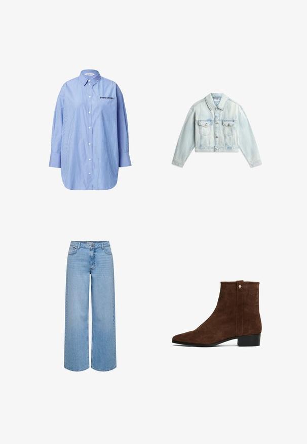 Lyseblå kort denimjakke med knapper foran, to brystlommer med klap, og lange ærmer udstrakt på hvid baggrund.; Stribet blå skjorte med knapper og lomme, hvor der står "STUDIO UNTOLD", klassisk krave og lange ærmer.; Lyseblå vidde jeans med knap- og lynlåslukning foran, bæltestropper og forlommer.; Brune ruskindsankelstøvler med lav sort hæl og et lille metallisk logo nær toppen på ydersiden.