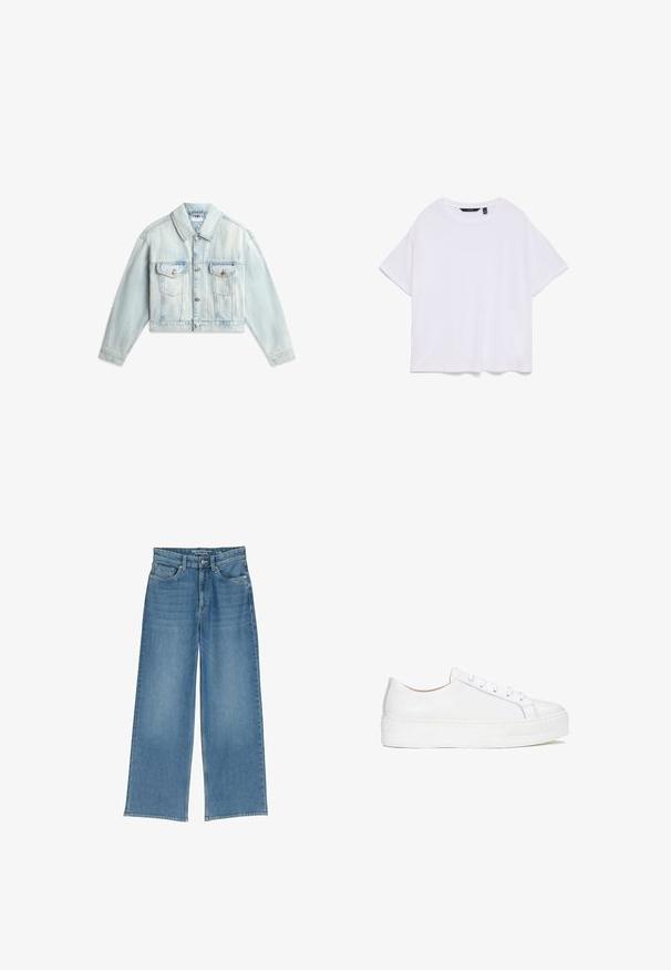 Chaqueta de denim azul claro recortada con botones al frente, dos bolsillos con solapa en el pecho y mangas largas extendidas sobre fondo blanco.; Camiseta blanca lisa de algodón de manga corta con cuello redondo, vista desde arriba sobre fondo blanco.; Jeans de mezclilla de pierna ancha en azul claro con una cintura alta, cinco bolsillos y costuras visibles; la tela tiene un acabado ligeramente texturizado.; Zapatilla blanca de cuero con superficie lisa, punta redonda y suela plana. Presenta cierre con cordones y detalles de costura sutiles.