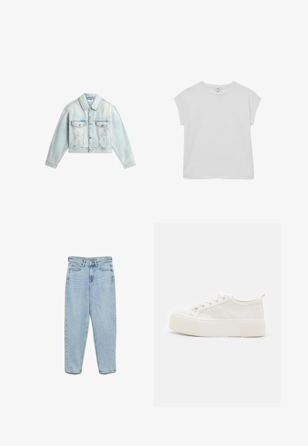 Lichtblauw cropped spijkerjack met knopen aan de voorkant, twee borstzakken met klep en lange mouwen uitgespreid op een witte achtergrond.; Wit T-shirt met korte mouwen en een ronde hals, losse pasvorm en licht verlaagde schouders, plat weergegeven op een witte achtergrond.; Lichtblauwe, hoogwater spijkerbroek met hoge taille, voorzakken, riemlussen, knoopsluiting en taps toelopende pijpen op een witte achtergrond.; Witte canvas sneakers met een gestructureerde, chunky zool, voorzien van platte veters, zijstrepen en een lipje op de hiel voor gemakkelijk aan- en uittrekken.