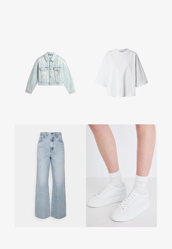 Veste en jean bleu clair courte avec boutonnière à l'avant, deux poches à rabat sur la poitrine, et manches longues étalées sur un fond blanc.; T-shirt blanc oversize à manches courtes, col rond et coupe décontractée, présenté sur un fond uni.; Jean large en denim bleu clair avec taille haute, design classique à cinq poches et couture contrastante. Détail de ourlet brut en bas.; Copenhagen Studios CPH72 - Baskets basses - white
