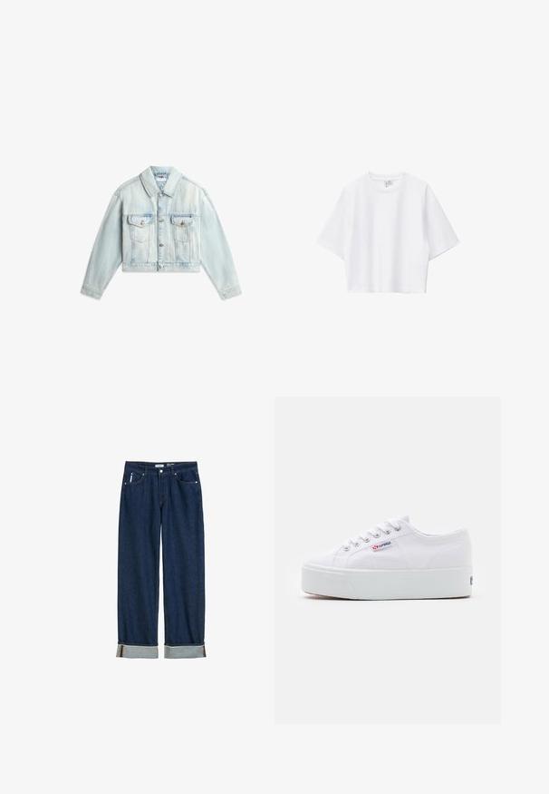 Lichtblauw cropped spijkerjack met knopen aan de voorkant, twee borstzakken met klep en lange mouwen uitgespreid op een witte achtergrond.; Witte cropped T-shirt van zacht katoen met een ronde hals, korte mouwen en een comfortabele pasvorm. Eenvoudig en veelzijdig ontwerp.; Donkerblauwe denim jeans met een rechte pijp, opgerolde boorden, zichtbare stiksels en een klassieke vijf-vakkenstijl.; Witte canvas sneaker met een dikke witte platformzool, ronde neus en metalen oogjes voor veters. Merkl logo aan de zijkant weergegeven.