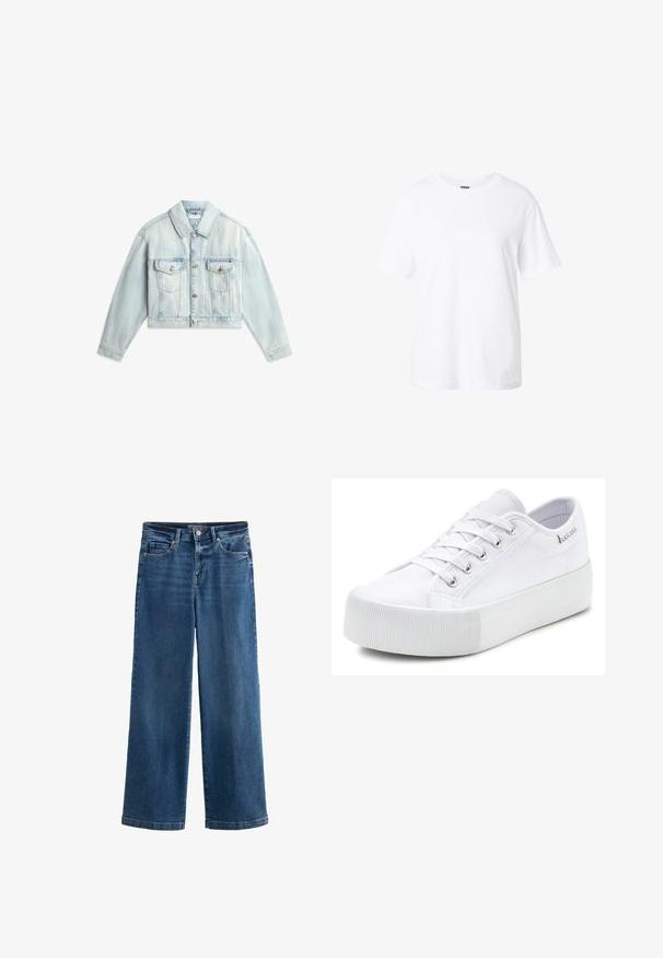 Lichtblauw cropped spijkerjack met knopen aan de voorkant, twee borstzakken met klep en lange mouwen uitgespreid op een witte achtergrond.; Effen witte T-shirt met korte mouwen en een ronde hals, een losse pasvorm en een klein label aan de binnenkant van de kraag.; Blauwe wijde jeans van denim, met een hoge taille, vijf zakken, subtiele vervaging, knoopsluiting en contrasterende stiksels.; Witte lage leren vetersneakers met dikke rubberen zool en een gestructureerde neuskap, met een stoffen bovenwerk en een merketiket aan de kraag.
