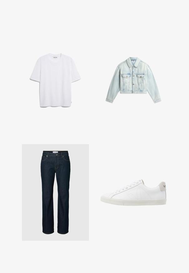 Chaqueta de denim azul claro recortada con botones al frente, dos bolsillos con solapa en el pecho y mangas largas extendidas sobre fondo blanco.; Camiseta de algodón blanca con mangas cortas, un escote redondo y un corte relajado. Sin patrones ni logos visibles. Textura suave.; Vaqueros azul oscuro de corte recto, con cinco bolsillos, cierre de botones y costuras en contraste, mostrados sobre un fondo liso.; Zapatillas de cuero blanco con una suela de goma texturizada en un tono blanco roto. Las características incluyen cordones, costuras sutiles y un acento en gamuza gris en el talón.