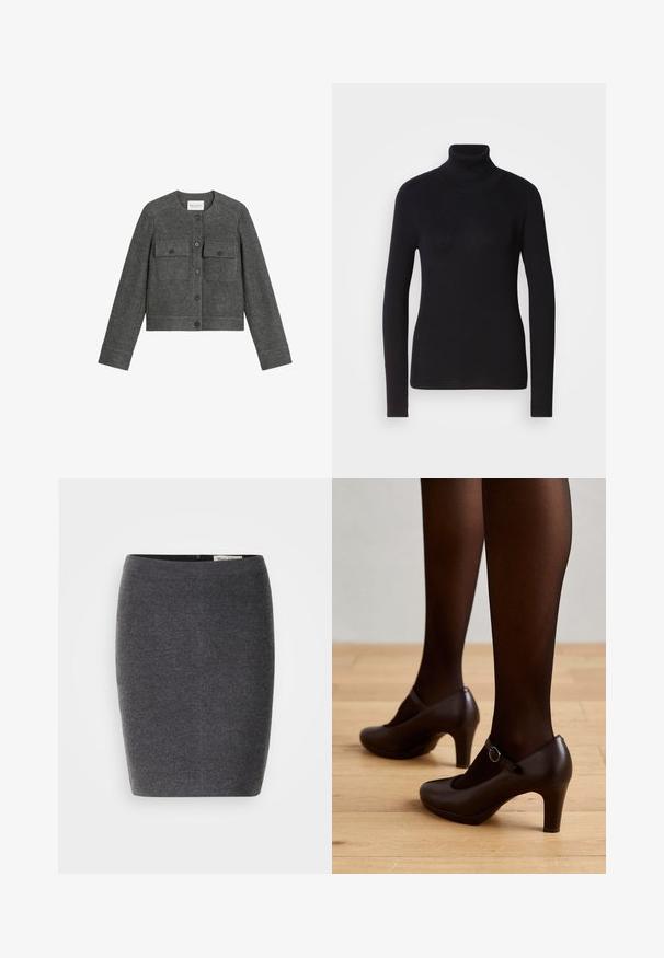 Grå cropped jakke lavet af uldblanding, med rund halsudskæring, knaplukning, to brystlommer og lange ærmer med en glat tekstur.; Sort ribbet rullekravesweater med lange ærmer. Fremstillet af strikmateriale med en tætsiddende design. Glat tekstur og høj halsdetalje.; Grå uld blyantskirt med en glat tekstur og tætsiddende design, med en diskret talje og uden synlige udsmykninger.; Brune læder højhælede sko med en rem og rund tå, parret med gennemsigtige sorte strømpebukser. Trægulv i baggrunden.