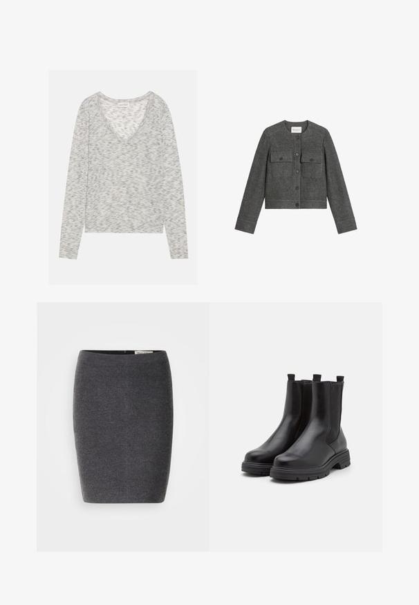 Chaqueta gris corta hecha de una mezcla de lana, con un escote redondo, cierre de botones, dos bolsillos en el pecho y mangas largas con una textura suave.; Top gris de manga larga con un diseño de cuello en V, que presenta una sutil textura moteada y un material de punto suave. La etiqueta dice "ANNA FIELD."; Falda lápiz de lana gris con una textura suave y un diseño ajustado, que presenta una cinturilla discreta y sin adornos visibles.; Botas de tobillo de cuero negro con paneles elásticos en los laterales, punta redondeada y suela de goma gruesa. Cuenta con tiradores para poner y quitar fácilmente.