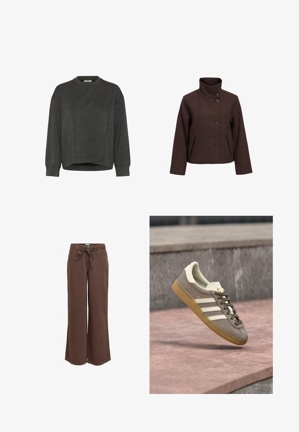 Veste en laine marron foncé avec col montant boutonné, cinq boutons devant, manches longues et poches avant à rabat.; Sweatshirt gris foncé avec un col rond, des manches longues, un design asymétrique et une texture douce. Présente une coupe décontractée et des détails de couture minimalistes.; Pantalon marron à jambes larges en tissu doux, avec une taille à cordon, des poches avant et des ourlets nets.; Baskets Adidas en suède marron clair avec des rayures blanches et une semelle gomme, suspendues au-dessus de marches en pierre rose en plein air.