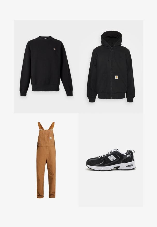 Sort zip-hætte med quitte hætte, snore og frontlommer. Har et logo-patch på den venstre lomme og ribbede manchetter.; Sort crewneck-sweatshirt med lange ærmer, ribstrikkede manchetter og kant samt et lille rektangulært logo på venstre bryst.; Carhartt WIP BIB OVERALL DEARBORN CANVAS - Overall /Buksedragter - hamilton brown rinsed; Sorte og grå sportssko med mesh og ruskind på overdelen, der har en hvid mellemsål, snørebånd og et iøjnefaldende "N" logo på siden.