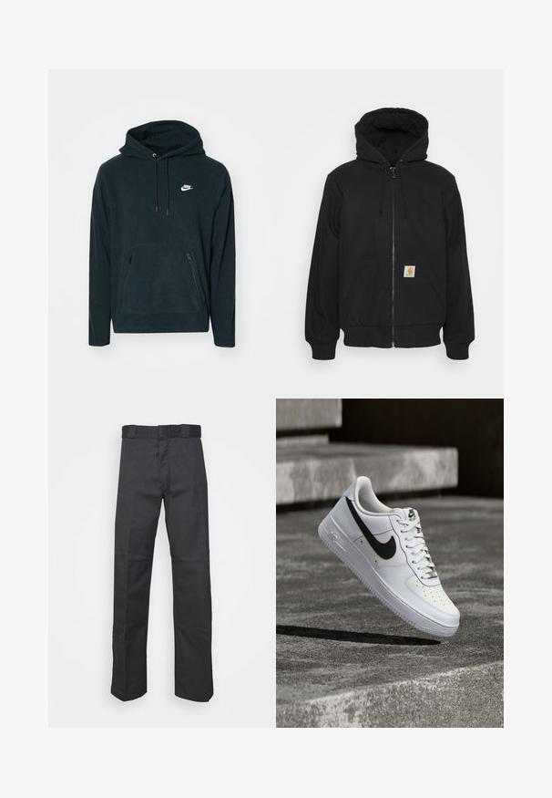 Schwarze Zip-Jacke mit einer gesteppte Kapuze, Kordelzügen und Fronttaschen. Enthält ein Logo-Patch auf der linken Tasche und gerippte Bündchen.; Schwarzer Fleece-Hoodie mit einer vorderen Kängurutasche und zwei seitlichen Reißverschlusstaschen. Enthält eine Kapuze mit Kordelzug und ein weißes Nike-Logo.; Schwarze Hose aus strapazierfähigem Material, mit geradem Bein, einem Bund mit Gürtelschlaufen und Nähten für zusätzlichen Textur.; Weißer Nike Air Force 1 Sneaker mit schwarzem Swoosh, geschnürten Schnürsenkeln, schwebend in der Luft über einer strukturierten Betonoberfläche im Freien.