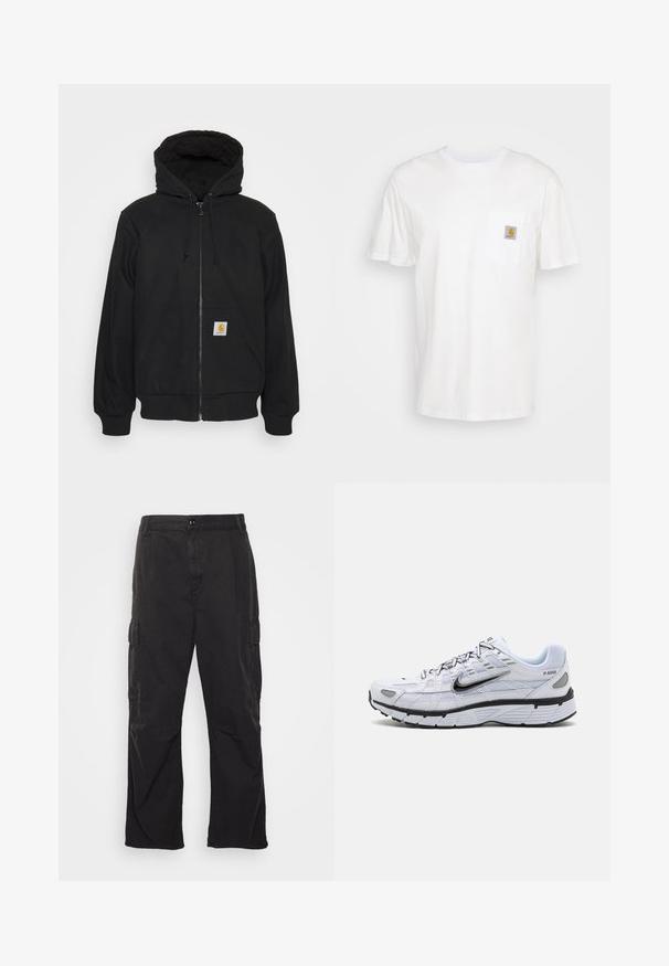 Sort zip-hætte med quitte hætte, snore og frontlommer. Har et logo-patch på den venstre lomme og ribbede manchetter.; Hvid bomulds T-shirt med korte ærmer, en brystlomme, og et lille firkantet logo patch i orange og hvid på lommen.; Sorte cargo bukser med lige ben, der har to sidelommer, knaplukning og en struktureret stof.; Hvide løbesko med mesh-overdel, rund tå, sorte accenter og mønstret sål. Har snøring og branding på siden.