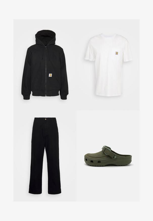 Sort zip-hætte med quitte hætte, snore og frontlommer. Har et logo-patch på den venstre lomme og ribbede manchetter.; Hvid bomulds T-shirt med korte ærmer, en brystlomme, og et lille firkantet logo patch i orange og hvid på lommen.; Sorte bukser lavet af tungt stof, med lige ben-design, forlommer, lynlås og en enkelt metallisk knaplukning.; Grøn gummi klipklap med justerbar rem og ventilationshuller. Glat tekstur, rundt tåparti og hævet sål for komfort.