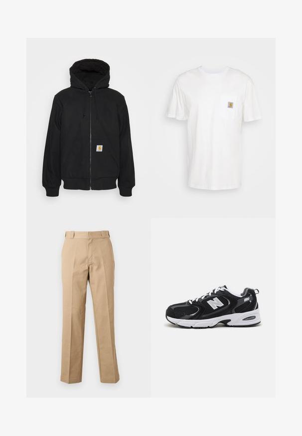 Haut de hoodie zippé noir avec capuche matelassée, cordons de serrage et poches avant. Présente un patch logo sur la poche gauche et des poignets côtelés.; T-shirt en coton blanc à manches courtes, avec une poche poitrine et un petit patch logo carré en orange et blanc sur la poche.; Pantalon beige droit avec passants de ceinture, fermeture éclair à l'avant et plis marqués, présenté sur un fond blanc uni.; Baskets de sport noires et grises avec un tige en mesh et en suède, présentant une semelle intermédiaire blanche, des lacets et un logo "N" audacieux sur le côté.