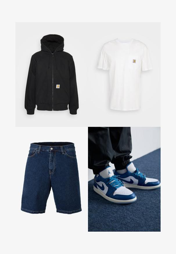 Zwarte zip-up hoodie met een gewatteerde capuchon, trekkoorden en voorzakken. Heeft een logopatch op de linkse zak en ribgebreide manchetten.; Witte katoenen t-shirt met korte mouwen, een borstzak en een klein vierkant logo-opdruk in oranje en wit op de zak.; Denim shorts in donkerblauw met een rechte snit, reguliere tailleband en metalen knoopsluiting; heeft contrasterende gele stiksels en zoom.; Nike Air Jordan sneakers hebben een witte leren basis met blauwe synthetische accenten, een geperforeerde neusdoos en blauwe veters.