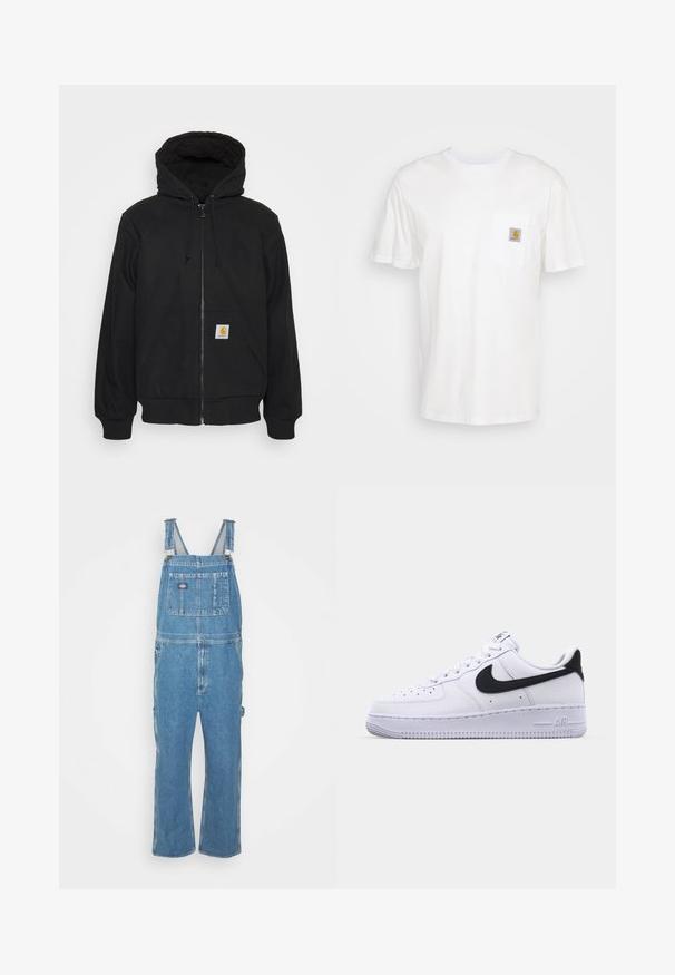 Sort zip-hætte med quitte hætte, snore og frontlommer. Har et logo-patch på den venstre lomme og ribbede manchetter.; Hvid bomulds T-shirt med korte ærmer, en brystlomme, og et lille firkantet logo patch i orange og hvid på lommen.; Lysblå denim overalls med justerbare stropper, frontlomme og sidelommer. Løs pasform med lige ben, lavet af bomuldsstof.; Hvide lædersneakers med en struktureret sort Swoosh, flade snørebånd og en gummisål med et rillemønster. "AIR" er præget på hælen.
