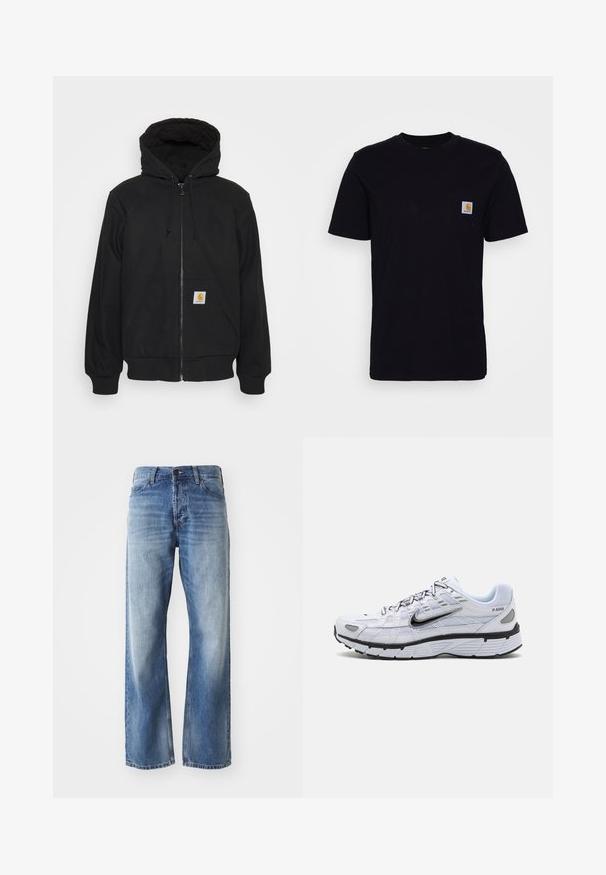 Schwarze Zip-Jacke mit einer gesteppte Kapuze, Kordelzügen und Fronttaschen. Enthält ein Logo-Patch auf der linken Tasche und gerippte Bündchen.; Schwarzes Baumwoll-T-Shirt mit kurzen Ärmeln, rundem Hals und einer Brusttasche, die mit einem kleinen, quadratischen Logo-Patch versehen ist. Einfaches, einfarbiges Design.; Blaue Jeans mit geradem Bein aus Denim, mit leichtem Verblassen an den Oberschenkeln und Knien, ausgestattet mit fünf Taschen und einem Knopfverschluss.; Weißer Laufschuh mit Obermaterial aus Mesh, abgerundetem Zeh, schwarzen Akzenten und gemusterter Sohle. Verfügt über Schnürung und Branding an der Seite.