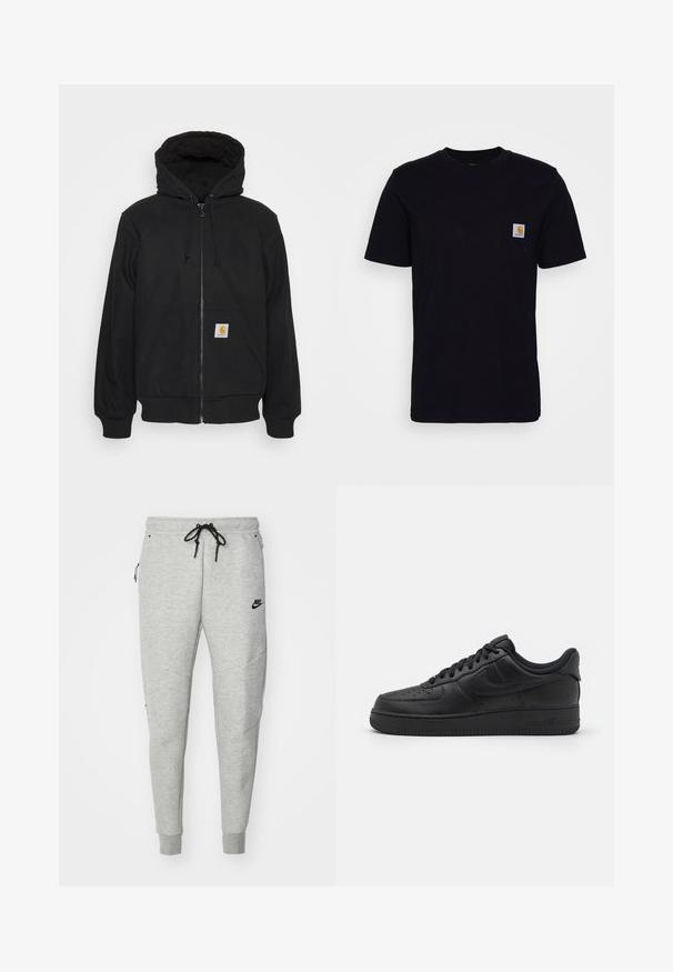 Zwarte zip-up hoodie met een gewatteerde capuchon, trekkoorden en voorzakken. Heeft een logopatch op de linkse zak en ribgebreide manchetten.; Zwarte katoenen t-shirt met korte mouwen, ronde hals en een borstzak met een klein, vierkant logo patch. Eenvoudig, stevig ontwerp.; Grijze sweatpants met een gladde textuur, elastische tailleband, verstelbaar zwart trekkoord, twee zijzakken en een klein zwart logo.; Nike Sportswear AIR FORCE 1 07 FLYEASE - Sneakers laag - black