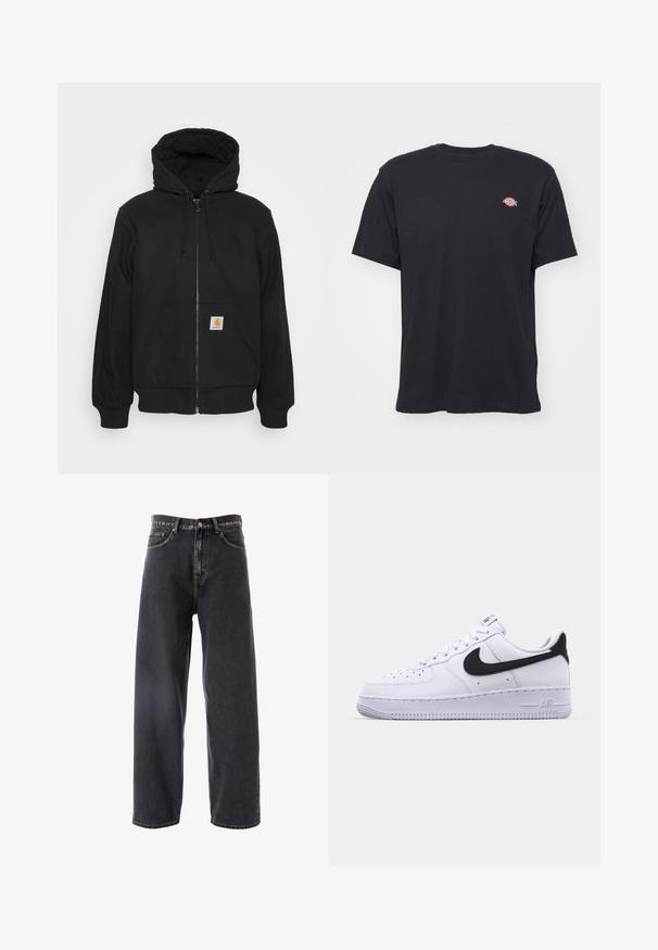 Sudadera con cremallera negra y capucha acolchada, con cordones y bolsillos delanteros. Presenta un parche con el logo en el bolsillo izquierdo y puños de canalé.; Camiseta negra de manga corta y cuello redondo con un pequeño logo colorido de Dickies en el lado izquierdo del pecho sobre un fondo liso.; Pantalones vaqueros de mezclilla gris oscuro con un diseño holgado y de pierna recta, que cuentan con cinco bolsillos, costuras claras y un cierre de botón en la cintura.; Zapatilla blanca de cuero con un Swoosh negro texturizado, cordones planos y una suela de goma con un patrón estriado. "AIR" está grabado en el talón.