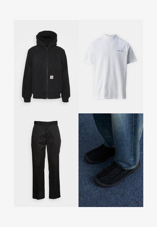 Sort zip-hætte med quitte hætte, snore og frontlommer. Har et logo-patch på den venstre lomme og ribbede manchetter.; Hvid bomulds t-shirt med høj halsudskæring og korte ærmer. Har "SAMSØE SAMSØE" logo i sort på forsiden. Glat tekstur.; Sorte bukser lavet af et glat stof med lige ben, bæltestropper og to sidelommer. Klassisk look uden udsmykninger.; Sorte ruskindssneakers med tekstureret overflade, diskret snøring og holdbare gummisåler, parret med blå denim jeans.