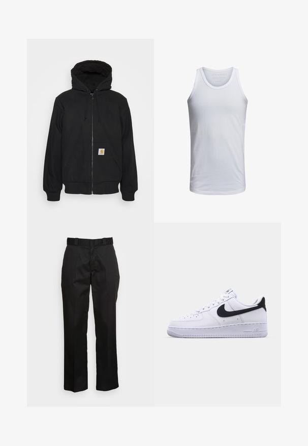 Haut de hoodie zippé noir avec capuche matelassée, cordons de serrage et poches avant. Présente un patch logo sur la poche gauche et des poignets côtelés.; Débardeur en coton blanc avec un col rond, des bretelles larges et un marquage minimal imprimé à l'intérieur du col. Texture douce, coupe décontractée.; Pantalons noirs en tissu lisse, avec une coupe droite, des passants de ceinture et deux poches latérales. Look classique sans embellissements.; Sneaker en cuir blanc avec un Swoosh noir texturé, des lacets plats et une semelle en caoutchouc avec un motif strié. "AIR" est embossé sur le talon.
