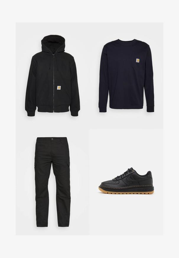 Sort zip-hætte med quitte hætte, snore og frontlommer. Har et logo-patch på den venstre lomme og ribbede manchetter.; Langærmet navy blå T-shirt lavet af bomuld, med en brystlomme med et logo-patch. Lige kant og ribbede manchetter.; Sorte cargo bukser med lige ben, flere lommer og knaplukning, fremstillet af slidstærkt bomuldsstof.; Sort lædersneaker med tekstureret overflade, rund tå, perforerede detaljer og gummigummisål. Har kontrastfarvet gul syning og logo.