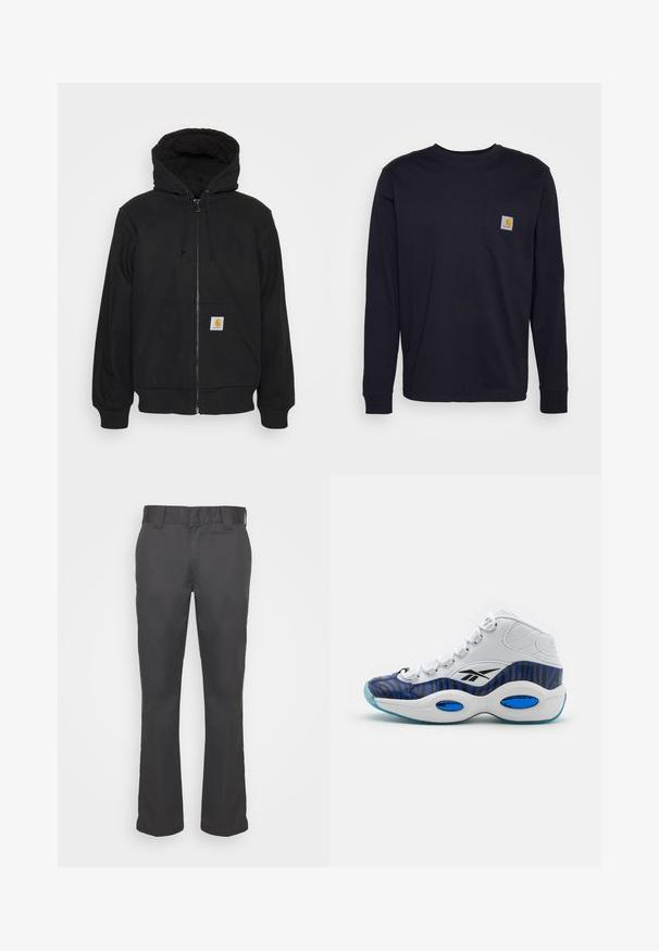 Schwarze Zip-Jacke mit einer gesteppte Kapuze, Kordelzügen und Fronttaschen. Enthält ein Logo-Patch auf der linken Tasche und gerippte Bündchen.; Langärmliges T-Shirt in Marineblau aus Baumwolle mit einer Brusttasche und einem Logo-Patch. Gerader Saum und gerippte Bündchen.; Schwarze Hosen aus glattem Stoff, mit einem geraden Bein-Design, Gürtelschlaufen und ohne sichtbare Taschen oder Verzierungen.; Hochschuh mit oberem Teil aus weißem Leder, blauem und schwarzem Zebra-Muster, ausgestattet mit einer hellblauen, durchsichtigen Laufsohle.