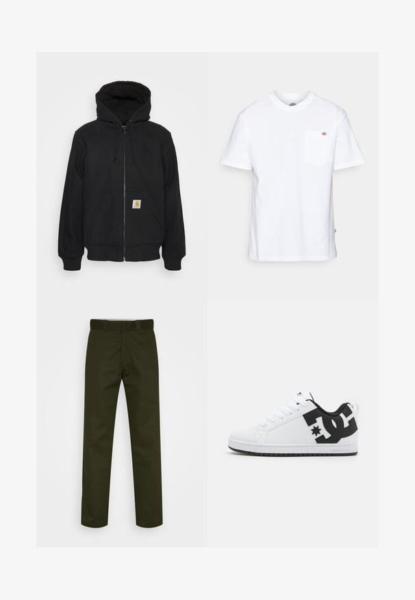 Haut de hoodie zippé noir avec capuche matelassée, cordons de serrage et poches avant. Présente un patch logo sur la poche gauche et des poignets côtelés.; T-shirt en coton blanc avec un col rond, des manches courtes et une poche poitrine arborant un petit logo de la marque sur le côté gauche.; Pantalons vert foncé avec jambes droites, en tissu lisse. Présente un devant plat, des passants de ceinture et aucun motif ou matériel visible.; Baskets blanches avec un dessus synthétique lisse, ornées d'accents de logo noirs et d'une semelle en caoutchouc. Design à lacets, forme de bout arrondi.