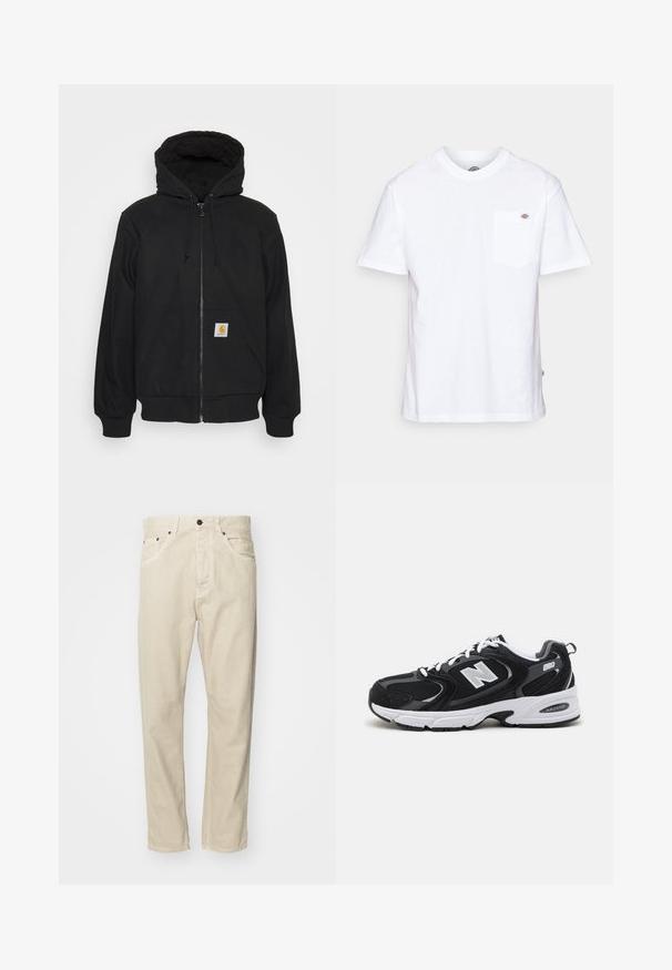 Sudadera con cremallera negra y capucha acolchada, con cordones y bolsillos delanteros. Presenta un parche con el logo en el bolsillo izquierdo y puños de canalé.; Camiseta de algodón blanca con cuello redondo, mangas cortas y un bolsillo en el pecho que presenta un pequeño logotipo de la marca en el lado izquierdo.; Pantalones de algodón beige con diseño de pierna recta, cinco bolsillos y acentos de metal. Textura suave con detalles de costura mínimos.; Zapatillas deportivas en negro y gris con parte superior de malla y ante, que cuentan con una entresuela blanca, cordones y un llamativo logo "N" en el lateral.
