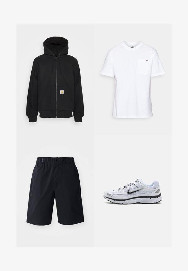 Zwarte zip-up hoodie met een gewatteerde capuchon, trekkoorden en voorzakken. Heeft een logopatch op de linkse zak en ribgebreide manchetten.; Witte katoenen t-shirt met een ronde hals, korte mouwen en een borstzak met een klein merklogo aan de linkerkant.; Zwarte shorts van lichtgewicht stof, met een rechte voorkant, een elastische tailleband en zijzakken. Eenvoudig ontwerp zonder patronen.; Witte hardloopschoen met een bovenkant van mesh, ronde neus, zwarte accenten en een geëtst zool. Kenmerken van veters en branding aan de zijkant.