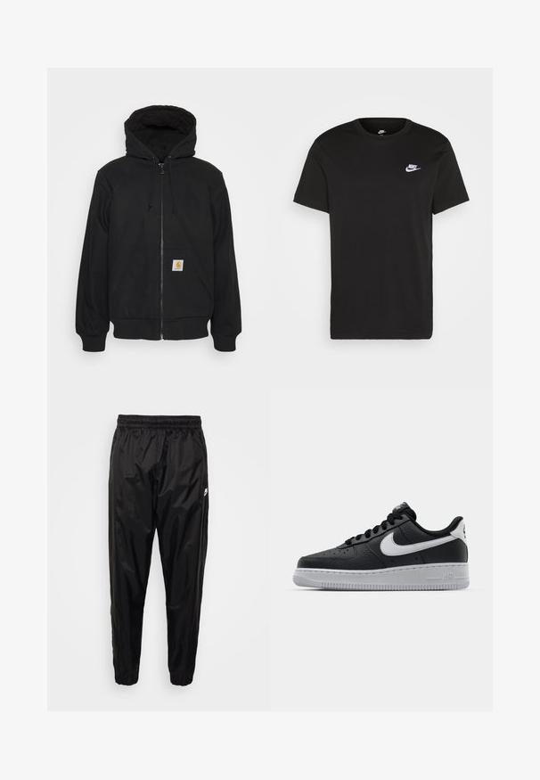 Must/hoodie, mille ajal, pitsitud kapuutsiga, nööride ja esikottidega. Vasakpoolsel kotil on logo silt ja peenikesed varrukad.; Must musta T-särk lühikeste varrukatega, ümmargune kaelus ja väike valge Nike logo vasakul rinnaosal. Sile tekstuur. Klassikaline lõige.; Kerged mustad spordipüksid, mis on valmistatud kergest ja läikivast materjalist, elastse vöökoha, kitseneva lõike ja lukuga taskutega. Omavad logomotiivi.; Must musta sneaker tekstureeritud pinnaga, valge Nike logo, hall tald, ümar varv ja paeltega disain. Omab perforatsioone varbakasti peal.