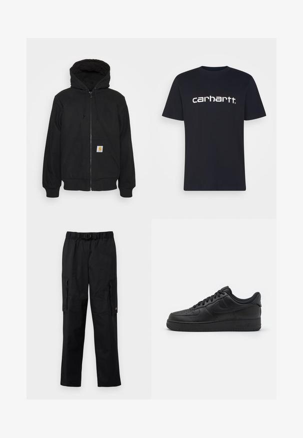 Schwarze Zip-Jacke mit einer gesteppte Kapuze, Kordelzügen und Fronttaschen. Enthält ein Logo-Patch auf der linken Tasche und gerippte Bündchen.; Schwarzes Baumwoll-T-Shirt mit kurzen Ärmeln und Rundhalsausschnitt; zeigt das weiße "Carhartt"-Logo, das quer über die Brust gedruckt ist. Glatte Textur, schlichtes Design.; Schwarze Cargo-Hosen mit elastischem Bund, verstellbarem Gürtel, mehreren Seitentaschen und einer glatten, leichten Stoffbeschaffenheit.; Nike Sportswear AIR FORCE 1 07 FLYEASE - Sneaker low - black