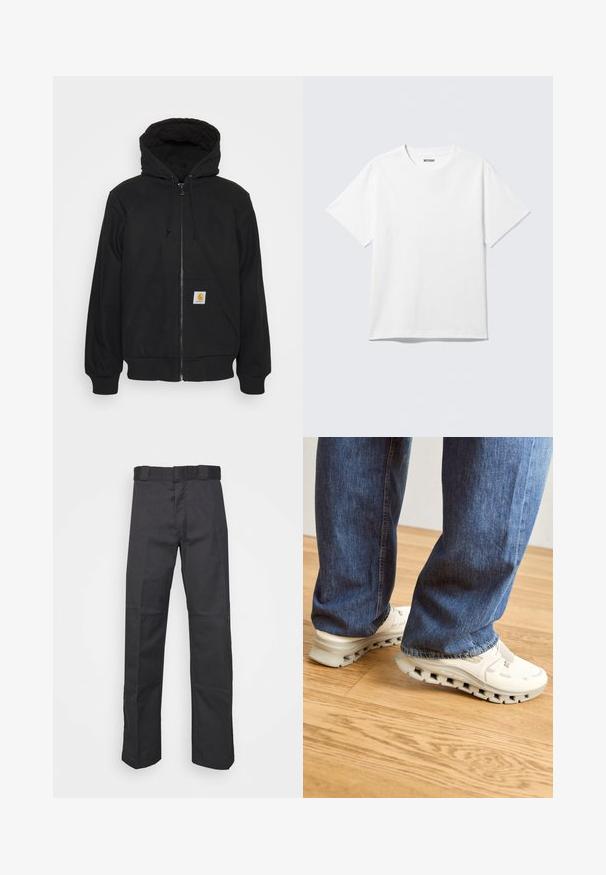 Sudadera con cremallera negra y capucha acolchada, con cordones y bolsillos delanteros. Presenta un parche con el logo en el bolsillo izquierdo y puños de canalé.; Camiseta blanca de manga corta con cuello redondo, colocada plana, diseño liso, con etiqueta "WEEKDAY" en el interior del cuello sobre un fondo claro.; Pantalones negros de tela duradera, con un diseño de pierna recta, una cinturilla con trabillas para cinturón y costuras para mayor textura.; Zapatillas blancas con un upper texturizado, que presentan una suela gruesa con cortes. Llevadas con jeans de mezclilla azul, de pie sobre un suelo de madera.