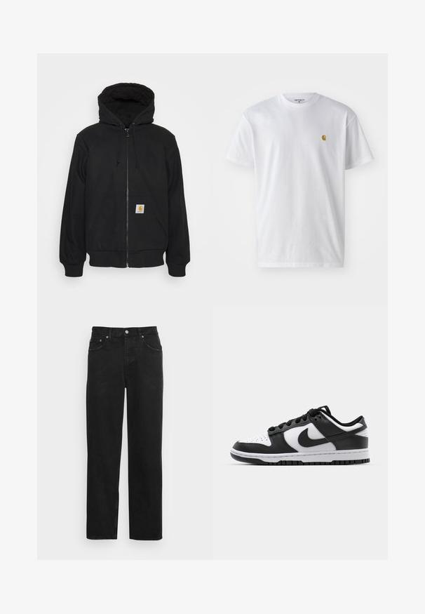 Sudadera con cremallera negra y capucha acolchada, con cordones y bolsillos delanteros. Presenta un parche con el logo en el bolsillo izquierdo y puños de canalé.; Camiseta de algodón blanca con mangas cortas, cuello redondo, que presenta un pequeño logo dorado en la parte izquierda del pecho. Textura suave y corte regular.; Pantalones vaqueros negros de denim con diseño de pierna recta, configuración de cinco bolsillos y cierre con botón metálico con textura sutil. Sin patrones ni acentos visibles.; Zapatillas Nike Dunk en blanco y negro con parte superior de cuero, puntera perforada, cordones negros y suela de goma negra con diseño de tracción.
