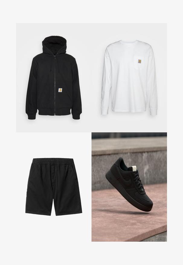 Haut de hoodie zippé noir avec capuche matelassée, cordons de serrage et poches avant. Présente un patch logo sur la poche gauche et des poignets côtelés.; Chemise blanche à manches longues en coton, dotée d'une poche poitrine avec un patch logo carré. Design simple avec un col arrondi et des manches à poignets.; Shorts noirs avec une taille élastique, des poches latérales et une coupe droite. Fabriqués à partir d'un tissu léger avec une texture lisse.; Baskets Nike Air Force 1 noires flottant au-dessus d’un rebord en béton rose avec un fond en pierre grise, montrant des détails latéraux et supérieurs.