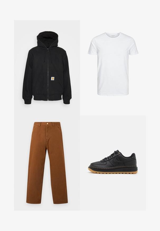 Zwarte zip-up hoodie met een gewatteerde capuchon, trekkoorden en voorzakken. Heeft een logopatch op de linkse zak en ribgebreide manchetten.; Ronde hals kortemouwen t-shirt in effen wit, gemaakt van zachte katoen, heeft een eenvoudig ontwerp zonder zichtbare patronen of accenten.; Bruine rechte broek met riemlussen, voorzakken en een knoopsluiting in de taille, afgebeeld op een eenvoudige achtergrond.; Zwarte leren sneaker met textuur, ronde neus, geperforeerde details en een gumrubberen zool. Heeft contrasterende gele stiksels en logo.
